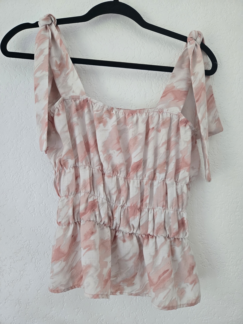 Paper Crane Pink Marble Tie-Shoulder Smocked Crop Top